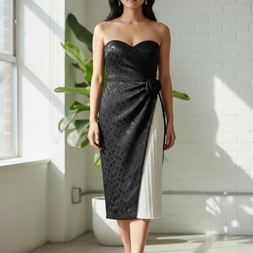 Maison Tara Elegant Black and White Strapless Dress